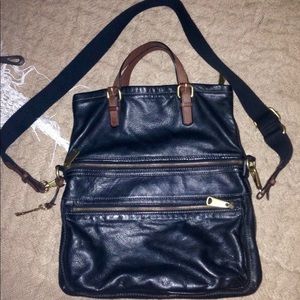FOSSIL BLACK  LEATHER  EXPLORER TOTE Bag Purse CONVERTIBLE